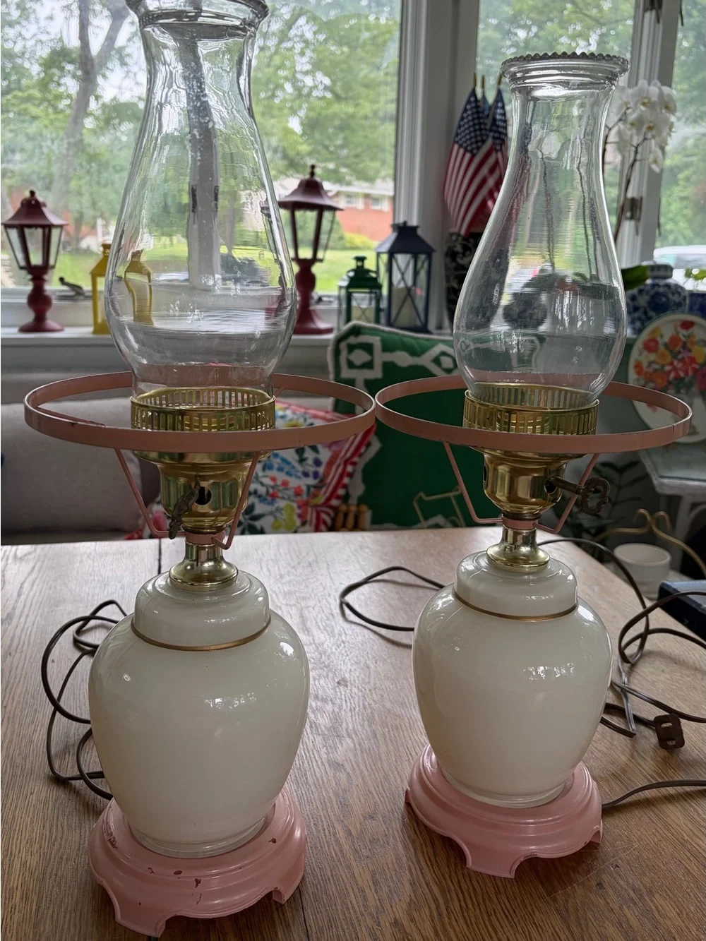Source Unknown Pink and Cream Floral Glass Lantern Lamps, Pair